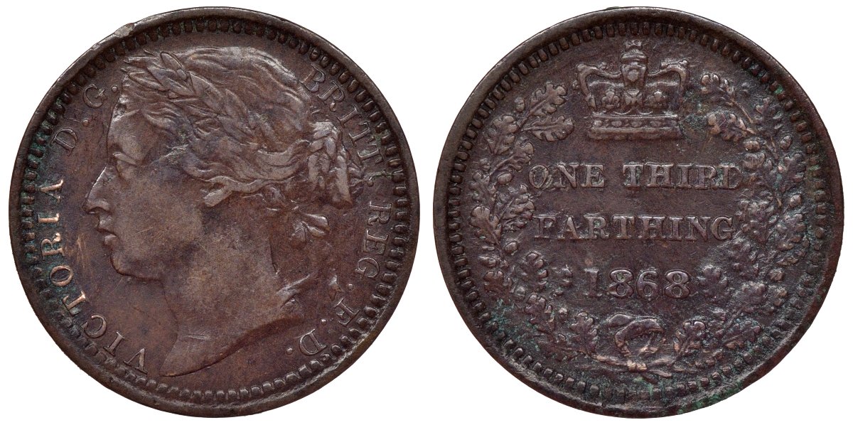 Великобритания 1/3 фартинга 1868 Виктория (1837-1901) KM 750, Spink 3960 бронза 1531-233