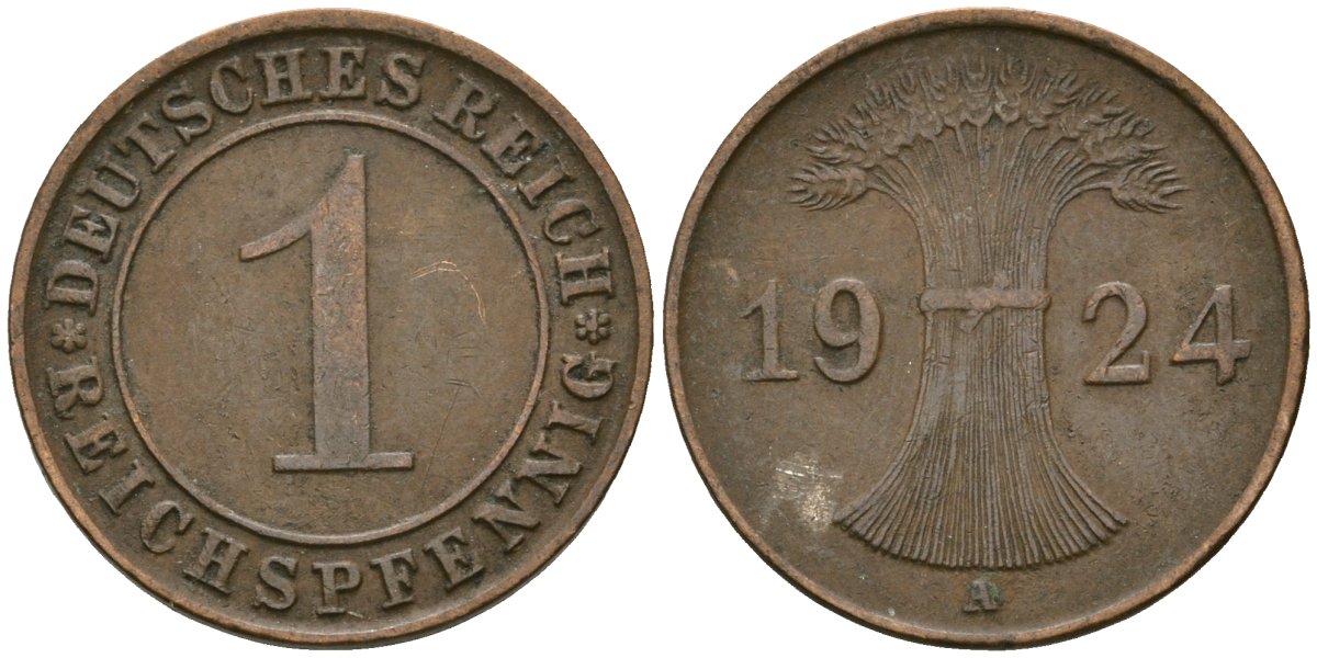 Германия 1 рейхспфенниг 1924 A KM 37, J. 313 бронза 4189-1059