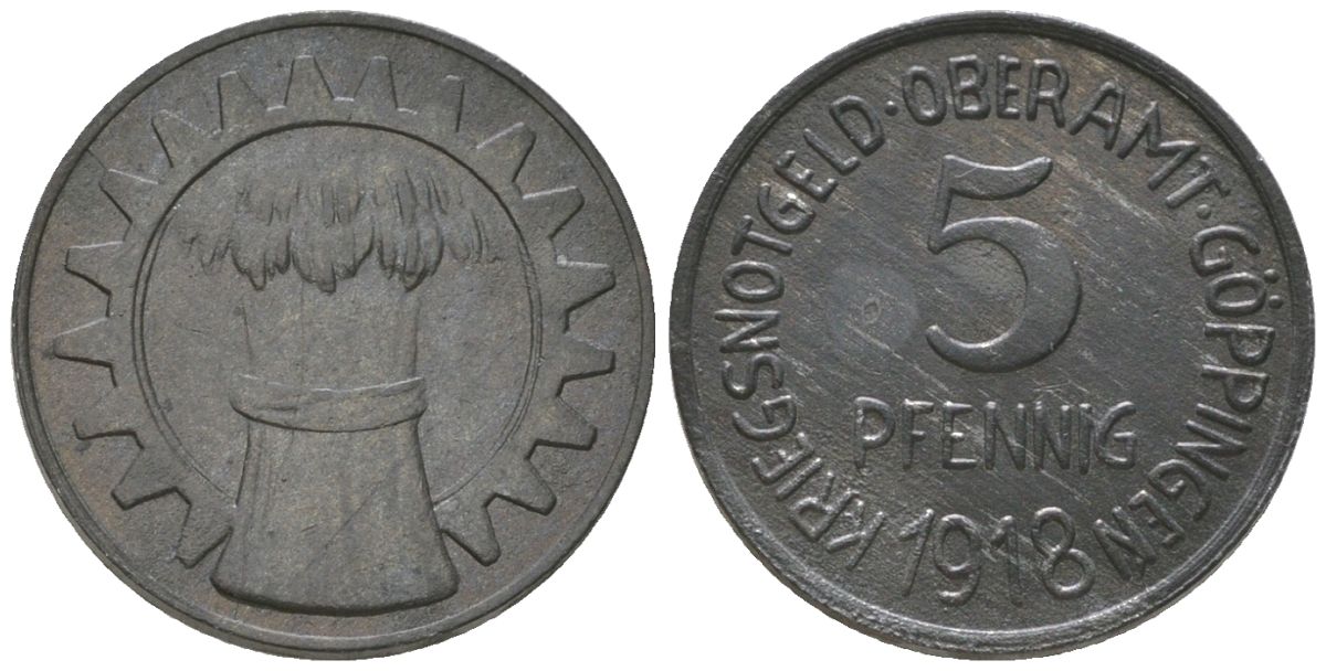 Геппинген (Вюртемберг) 5 пфенингов 1918 Funck 163.1, Men05 9198.1, Men18 11532.1 цинк 4588-628