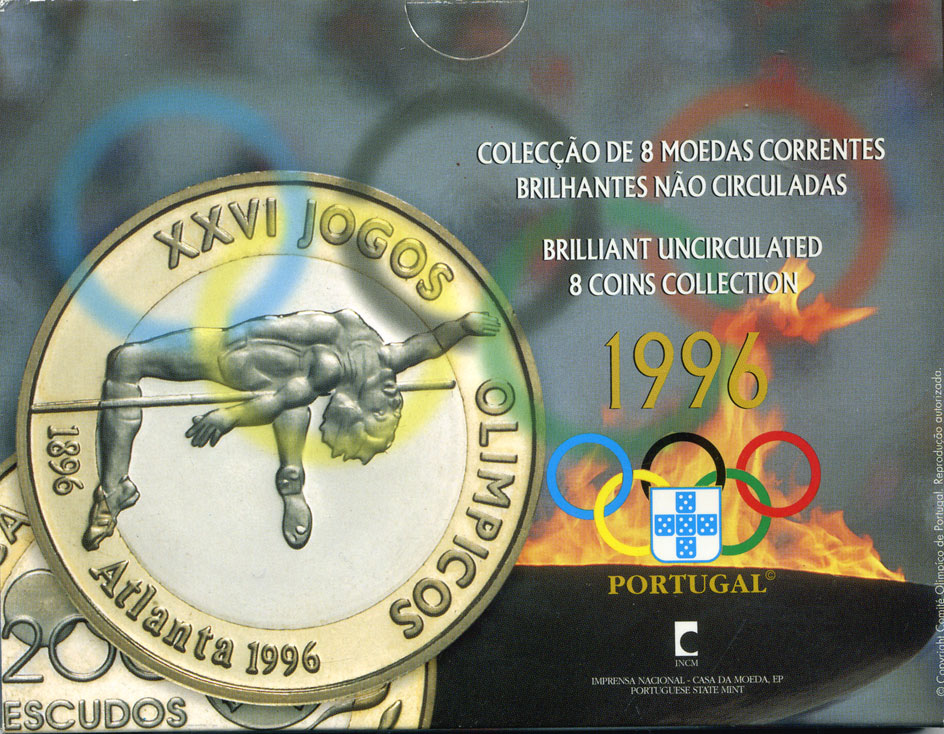Португалия набор из 8 монет 1996 Олимпийские игры 1996 года в Атланте, в картонном буклете, тираж 20000 экз. KM MS24 (KM 631-634, 636, 645.1, 655, 687) BUNC 5-4-3-09