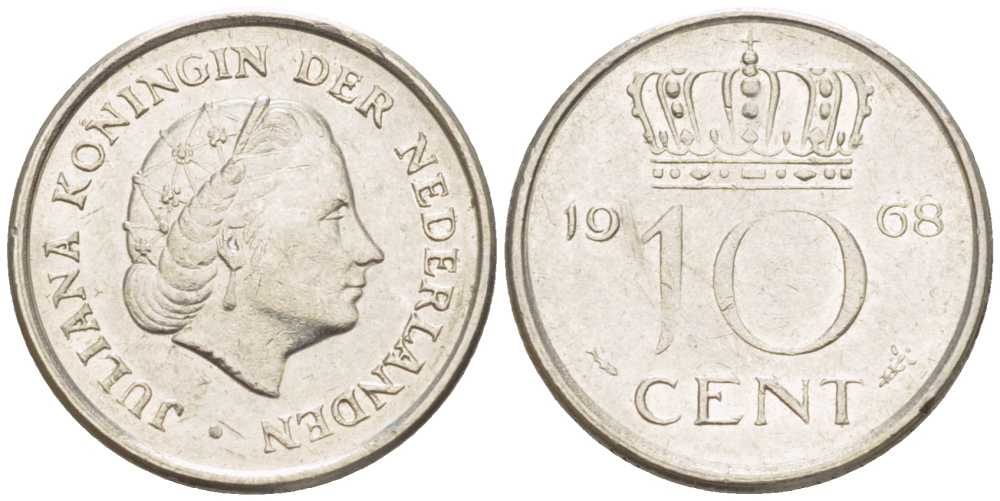 НИДЕРЛАНДЫ 10 ЦЕНТОВ 1968 ЮЛИАНА (1948-1980) KM 182 никель 214-1233