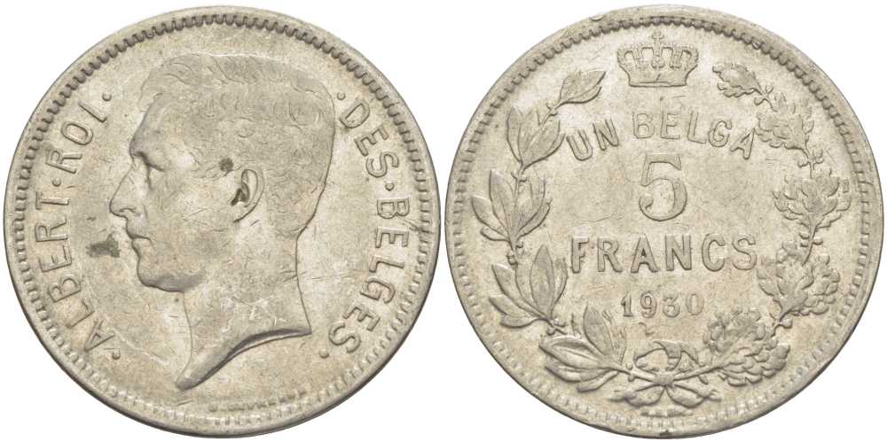 БЕЛЬГИЯ 5 ФРАНКОВ 1930 АЛЬБЕРТ I, DES BELGES KM 97.1 никель 3851-125