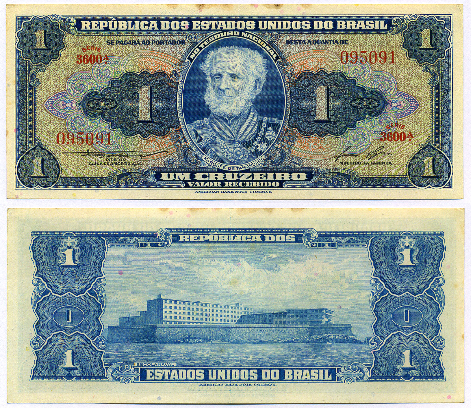 БРАЗИЛИЯ 1 КРУЗЕЙРО 1954-1958 СЕРИЯ 3600, МАРКУС ДЕ ТАМАНДАРЕ Pick 150d бумага 8564-46-2