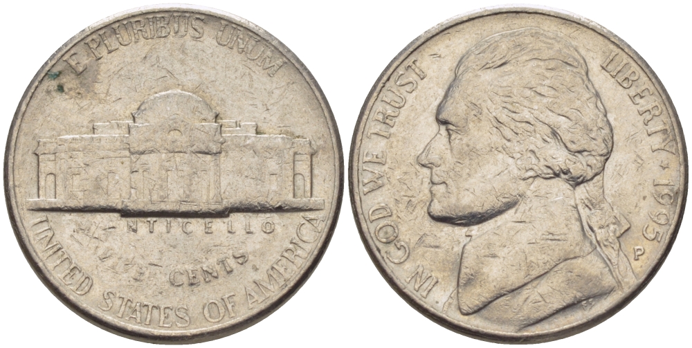 США 5 ЦЕНТОВ 1995 Р, ДЖЕФФЕРСОН KM А192 медно-никель 31-714