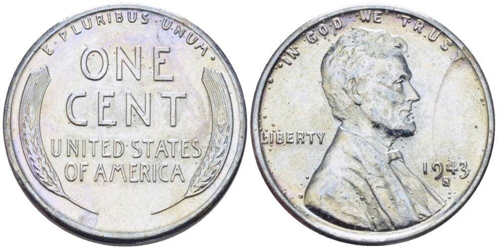 США 1 цент 1943 S (Сан-Франциско), Авраам Линкольн KM 132 a сталь плакированная цинком 39-125