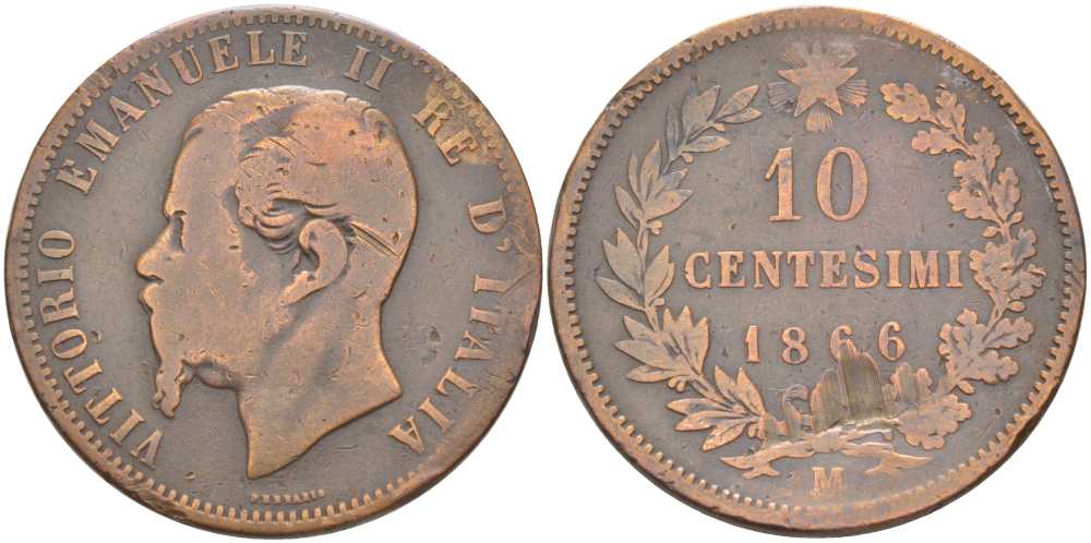 ИТАЛИЯ 10 ЧЕНТЕЗИМО 1866 М, ВИКТОР ИМАНУИЛ II (1861-1878) KM 11.1 медь 111-1034