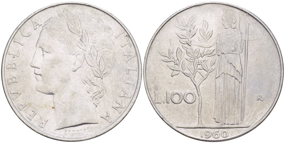 ИТАЛИЯ 100 ЛИР 1960 R, АФИНА У ОЛИВКОВОГО ДЕРЕВА KM 96.1 нержавеющая сталь 4545-625