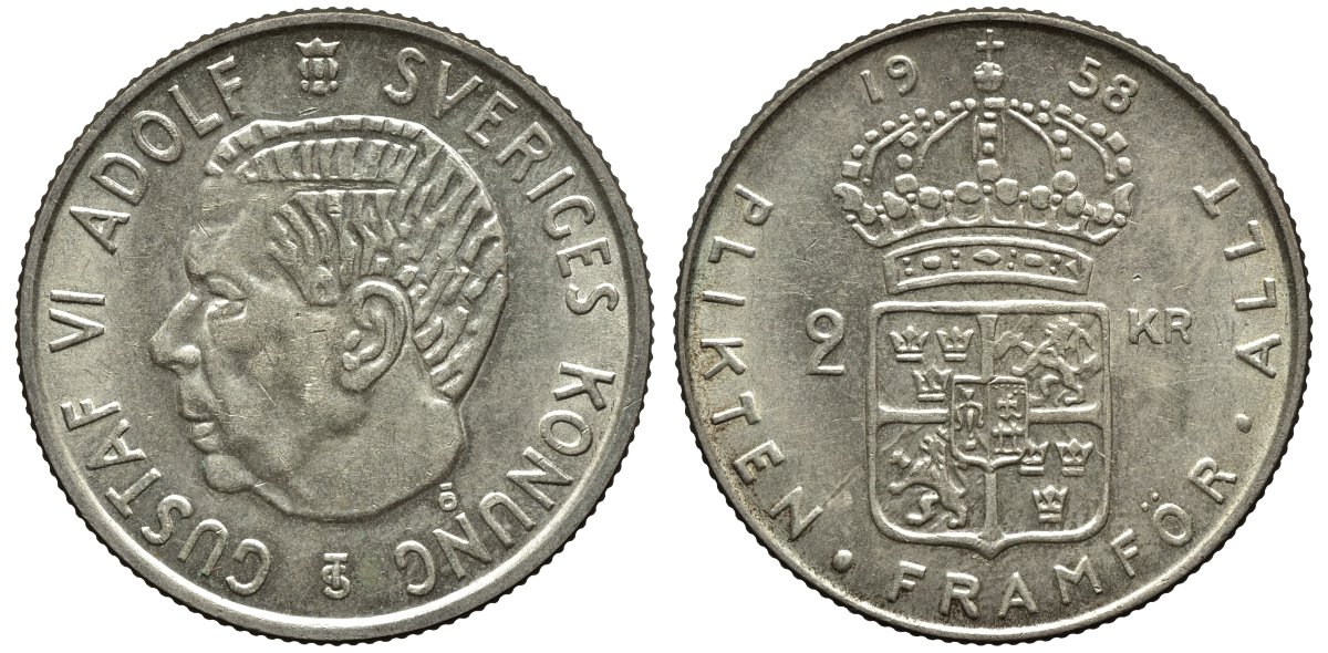 Швеция 2 кроны 1958 TS, Густав VI Адольф (1950-1973) KM 827 серебро 00-00