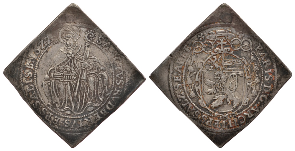 Зальцбург, Австрия 1/4 талера 1622 клиппа, отреставрированное отверстие, Святой Руперт, Paris DG, размер 27 x 28 мм KM 58, Zottl 1551 серебро 00-812-26