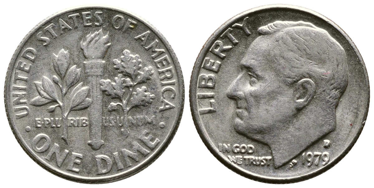 США 10 ЦЕНТОВ = 1 ДАЙМ 1979 D, РУЗВЕЛЬТ KM 195а медь плакированная медно-никелем 73-1763