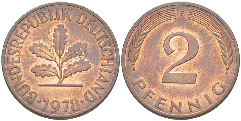 ФРГ 2 ПФЕННИГА 1978 F KM 106а, J. 381а сталь плакированная сталь плакированная медьюю 4181-831