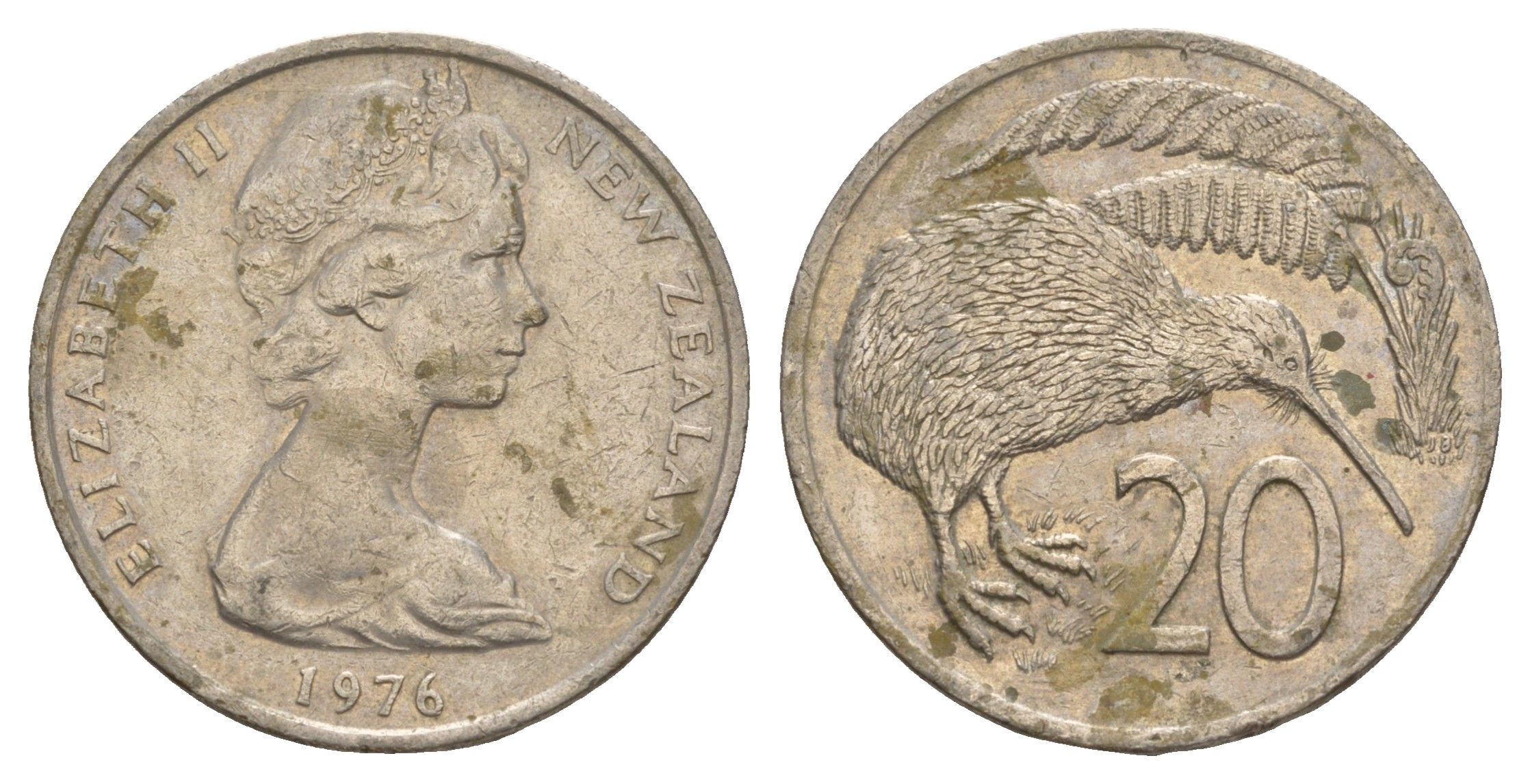 Новая Зеландия 20 центов 1976 Елизавета II (1952-2022), птичка киви KM 36 медно-никель 4650-755