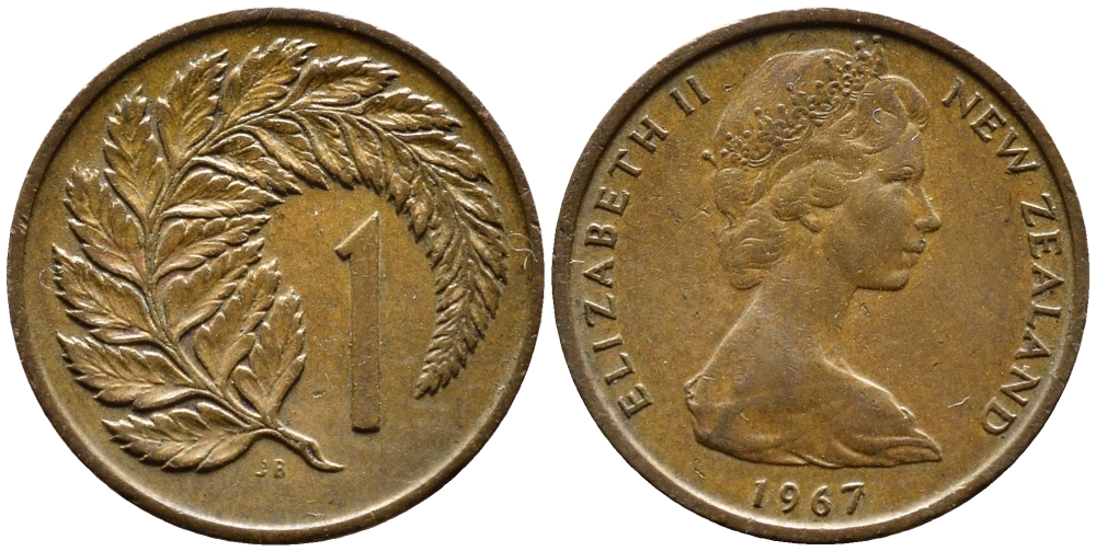 Новая Зеландия 1 цент 1967 Елизавета II (1952-2022), лист папоротника KM 31.1 бронза 4392-144