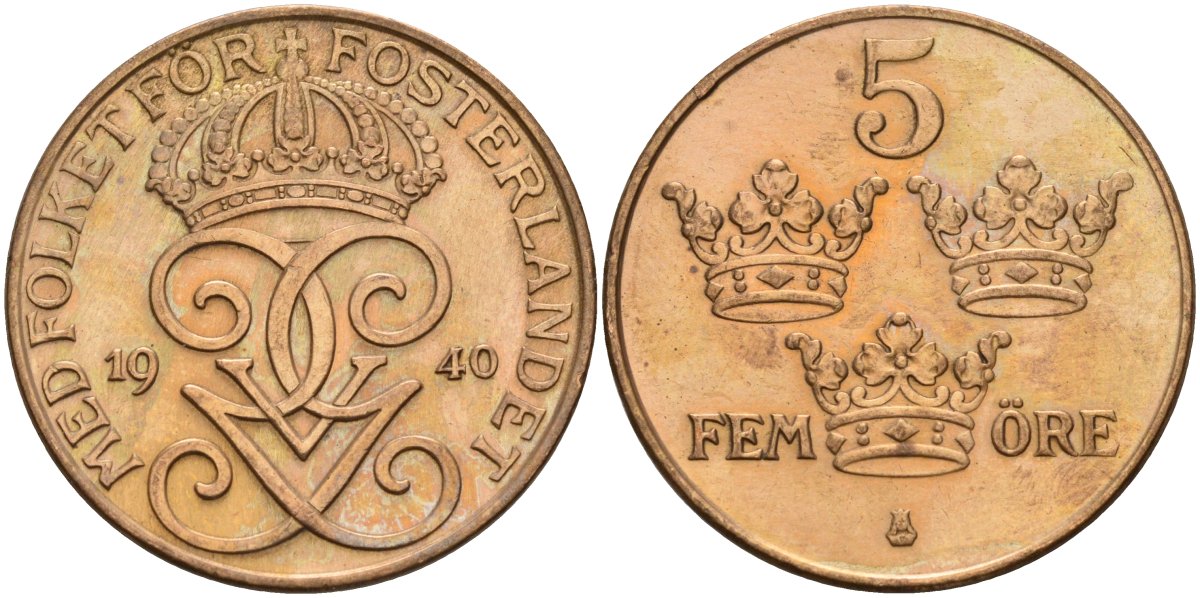 Швеция 5 эре 1940 Густав V (1907-1950) KM 779.2 бронза 4148-236