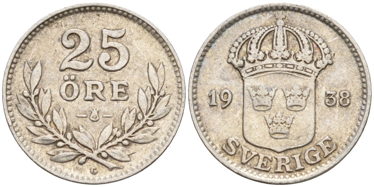 Швеция 25 эре 1938 G, Густав V (1907-1950) KM 785 серебро 4147-945