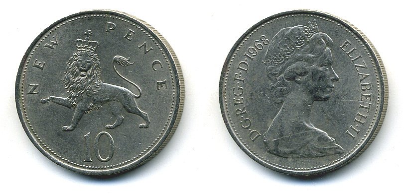 Великобритания 10 пенсов 1968 Елизавета II (1952-2022) KM 912, Spink 4231 (F1) медно-никель 4110-1113