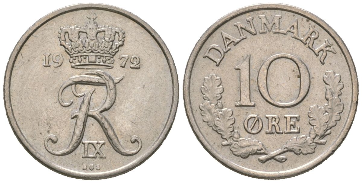 Дания 10 эре 1972 C; S, Фредерик IX (1947-1972) KM 849 медно-никель UNC 4621-532