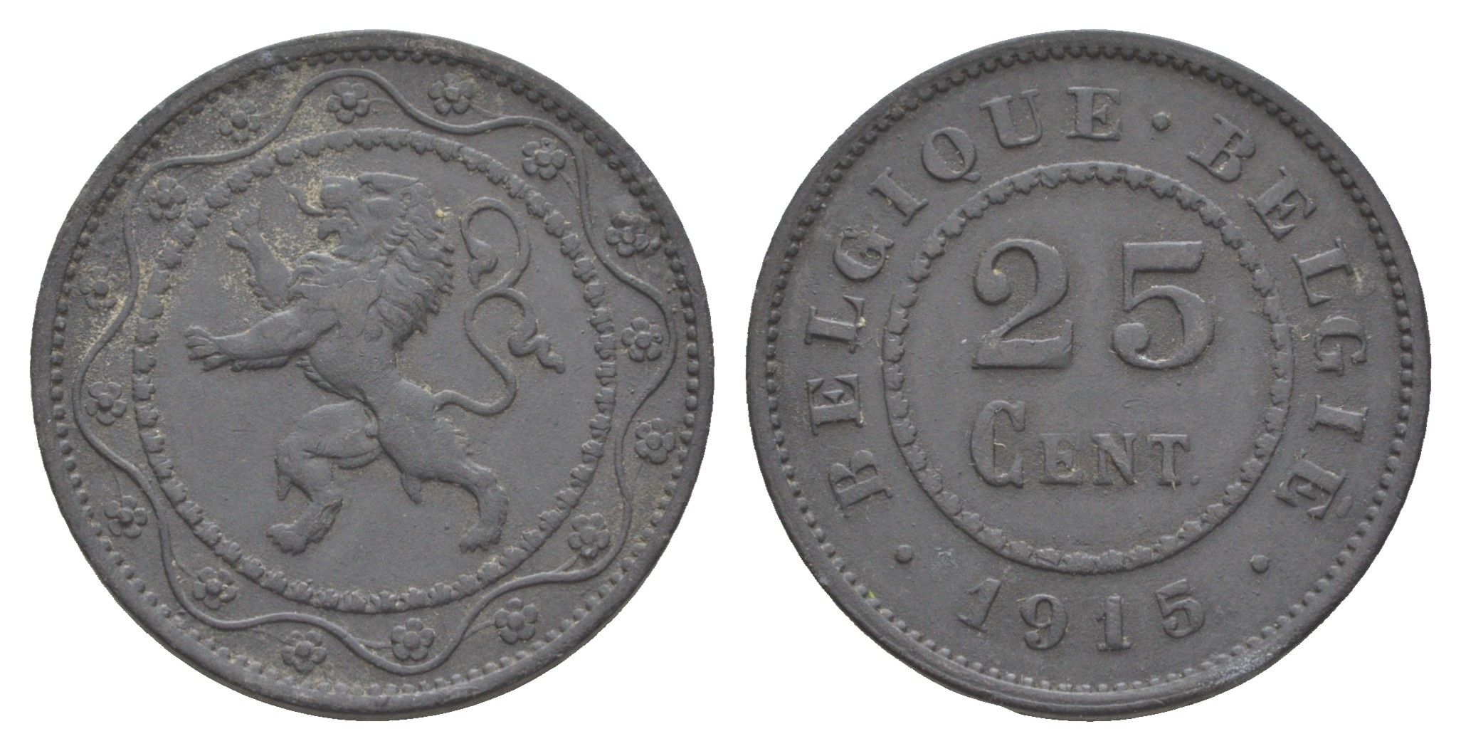 Бельгия 25 сантимов 1915 германская оккупация Первая мировая война, Альберт I (1909-1934) KM 82 цинк 4156-526