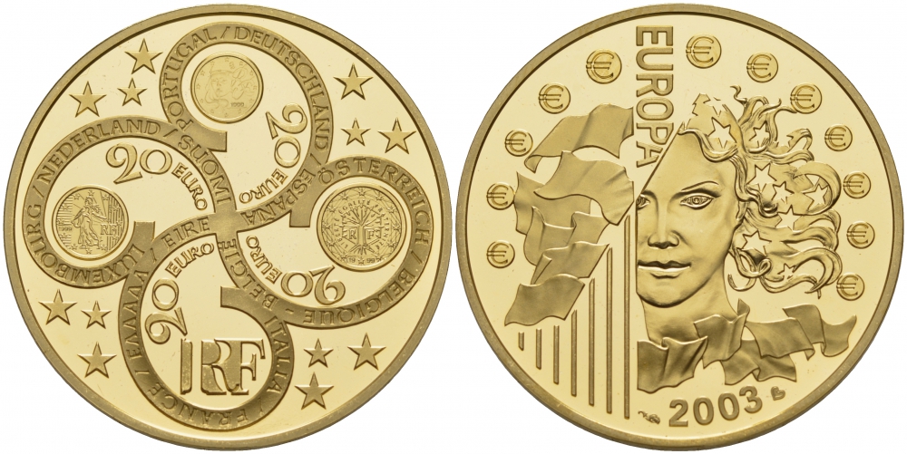 Франция 20 евро 2003 Европейский валютный союз, тираж 2322 экз золото PROOF 10-017-22