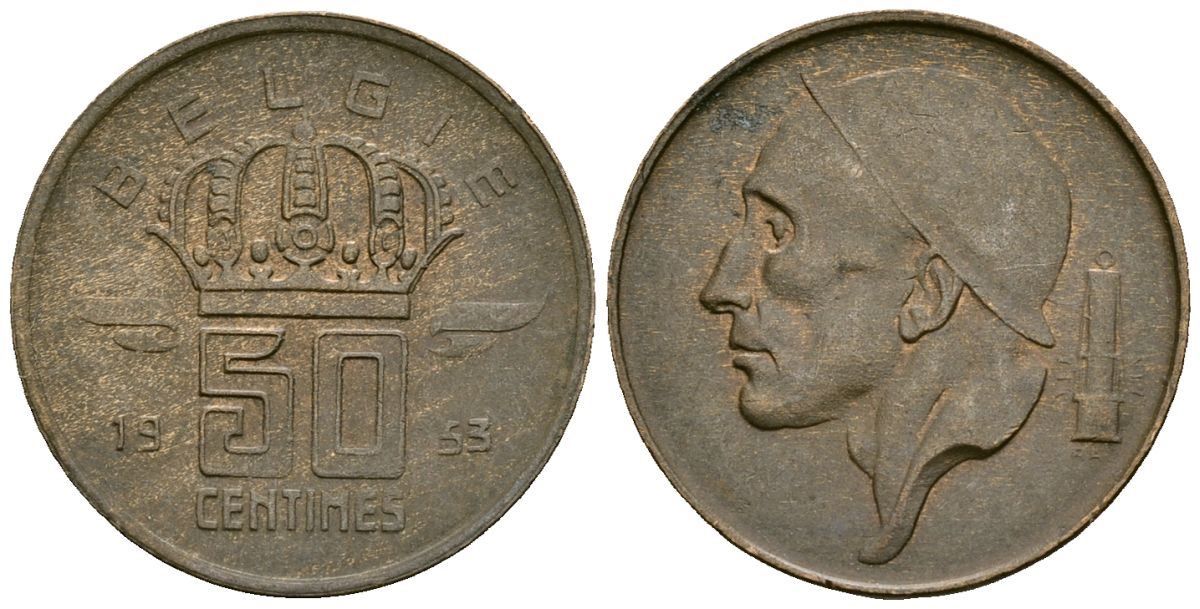 Бельгия 50 сантимов 1953 BELGIE KM 145 бронза 4164-1044