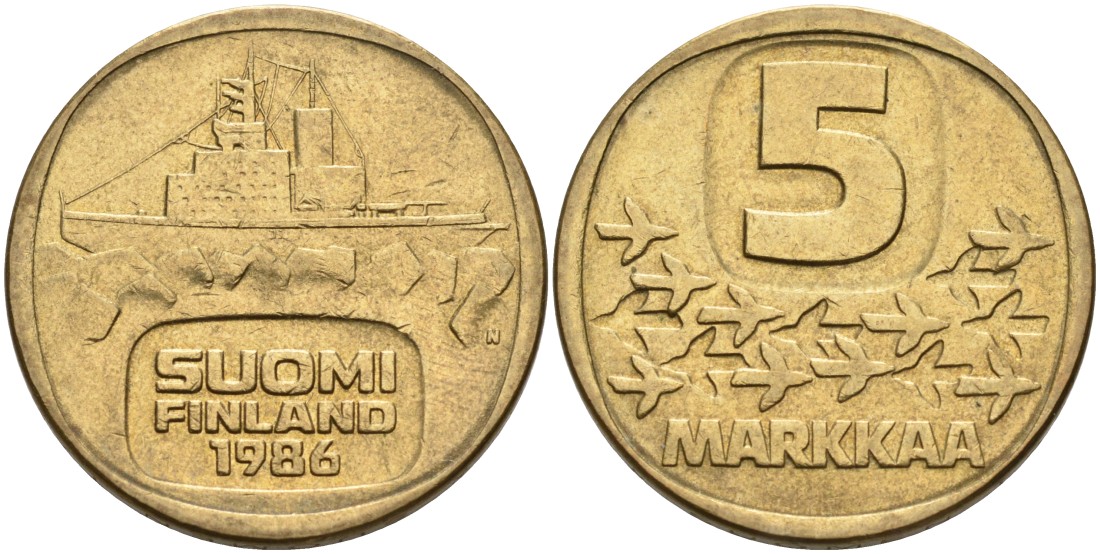 ФИНЛЯНДИЯ 5 МАРОК 1986 N, ЛЕДОКОЛ "URHO" KM 57 алюминиевая бронза 217-842