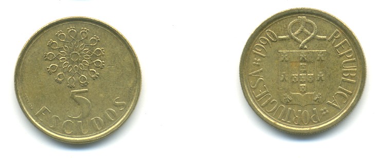 ПОРТУГАЛИЯ 5 ЭСКУДО 1990 KM 632 никель латунь 176-322