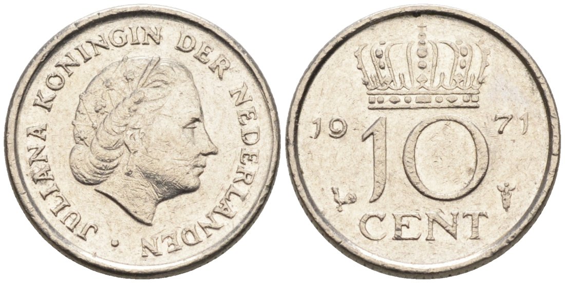Нидерланды 10 центов 1971 Юлиана (1948-1980) KM 182 никель 4567-555