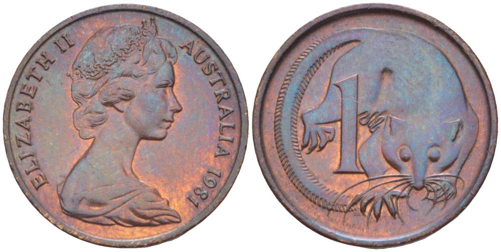 АВСТРАЛИЯ 1 ЦЕНТ 1981 ЕЛИЗАВЕТА II (1952-) МОЛОДОЙ ПОРТРЕТ, ОПОССУМ KM 62 бронза 4516-639