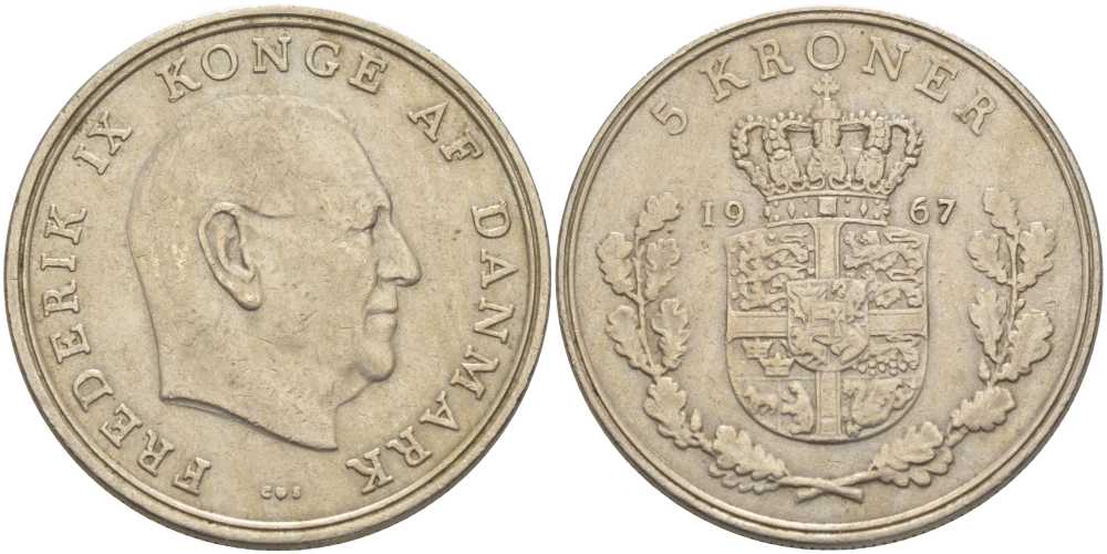 ДАНИЯ 5 КРОН 1967 C; S, ФРЕДЕРИК IX (1947-1972) KM 853.1 медно-никель 38-446