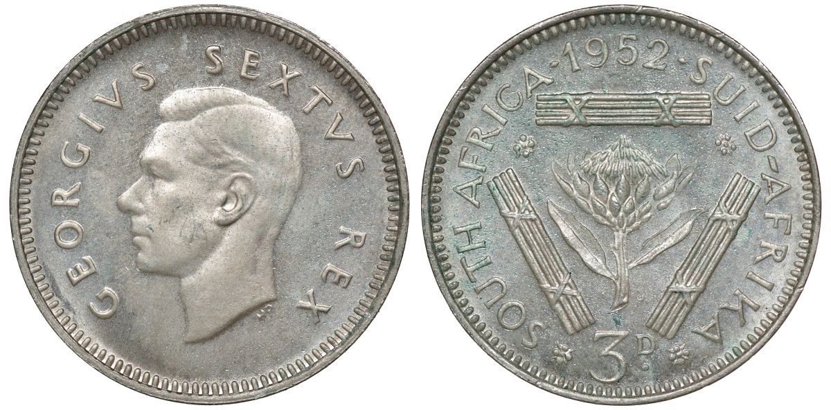 Южная Африка 3 пенса 1952 Георг VI (1937-1952) KM 35.2 серебро UNC 1528-623
