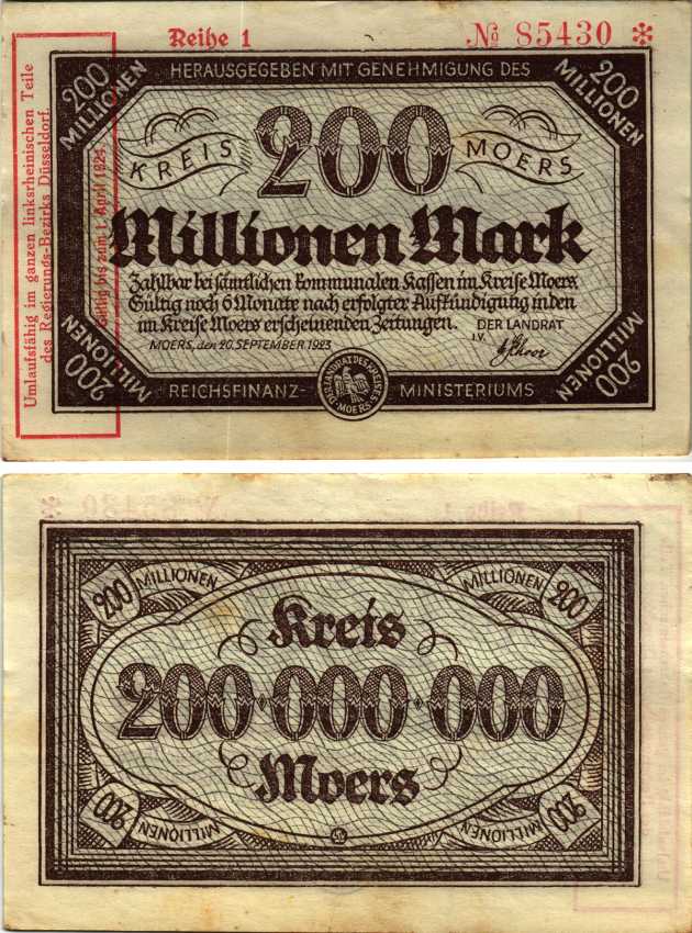 МЁРС 200000000 МАРОК 1923 НОТГЕЛЬД, 20 СЕНТЯБРЯ 1923 - 1 АПРЕЛЯ 1924, ЗЕМЛЯ СЕВЕРНЫЙ РЕЙН-ВЕСТФАЛИЯ, КРАСНАЯ НАДПЕЧАТКА 1 АПРЕЛЯ 1924, REIHE 1 Keller 3593q бумага 6300-34-1-2