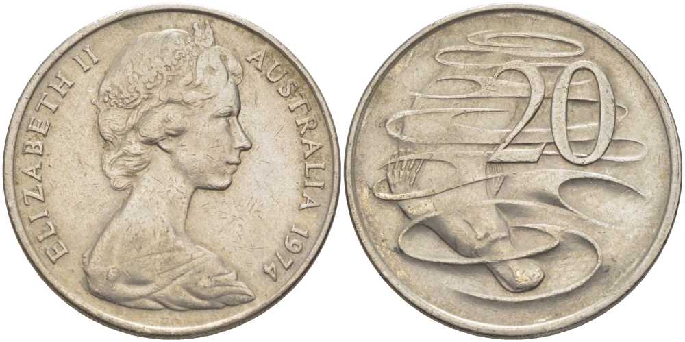 Австралия 20 центов 1974 Елизавета II (1952-2022), утконос KM 66 медно-никель 38-713