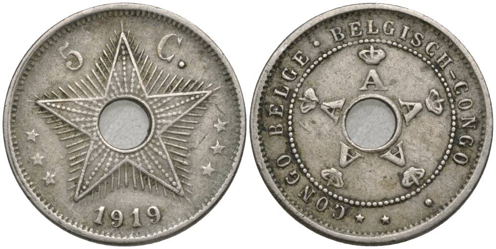 Бельгийское Конго 5 сантимов 1919 звезда KM 17 медно-никель 4549-1131