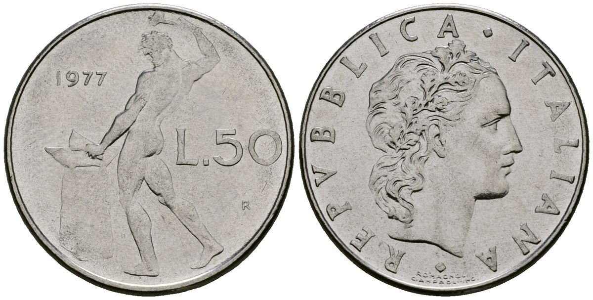 Италия 50 лир 1977 R, бог огня Вулкан у наковальни KM 95.1 нержавеющая сталь 4138-617