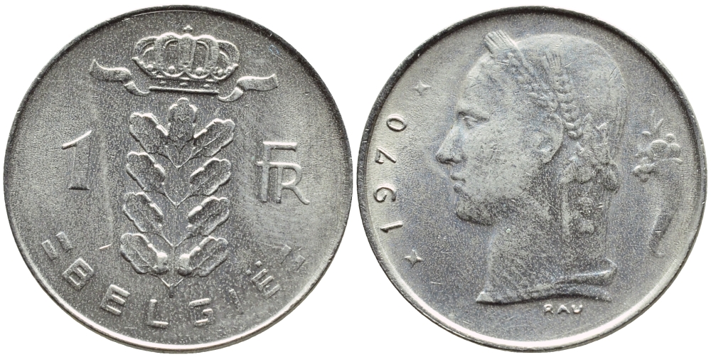 БЕЛЬГИЯ 1 ФРАНК 1970 BELGIE KM 143.1 медно-никель 4385-512