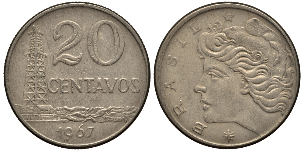 Бразилия 20 сентаво 1967 голова Свободы влево KM 579.1, Schon 84 медно-никель 4182-616
