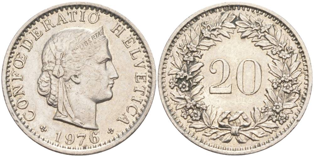 Швейцария 20 раппенов 1976 KM 29a медно-никель 55-952
