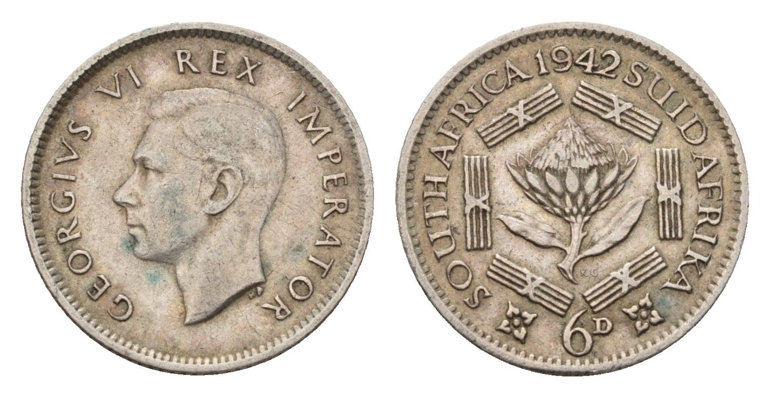 ЮАР 6 пенсов 1942 Георг VI (1936-1952) KM 27 серебро 4564-513
