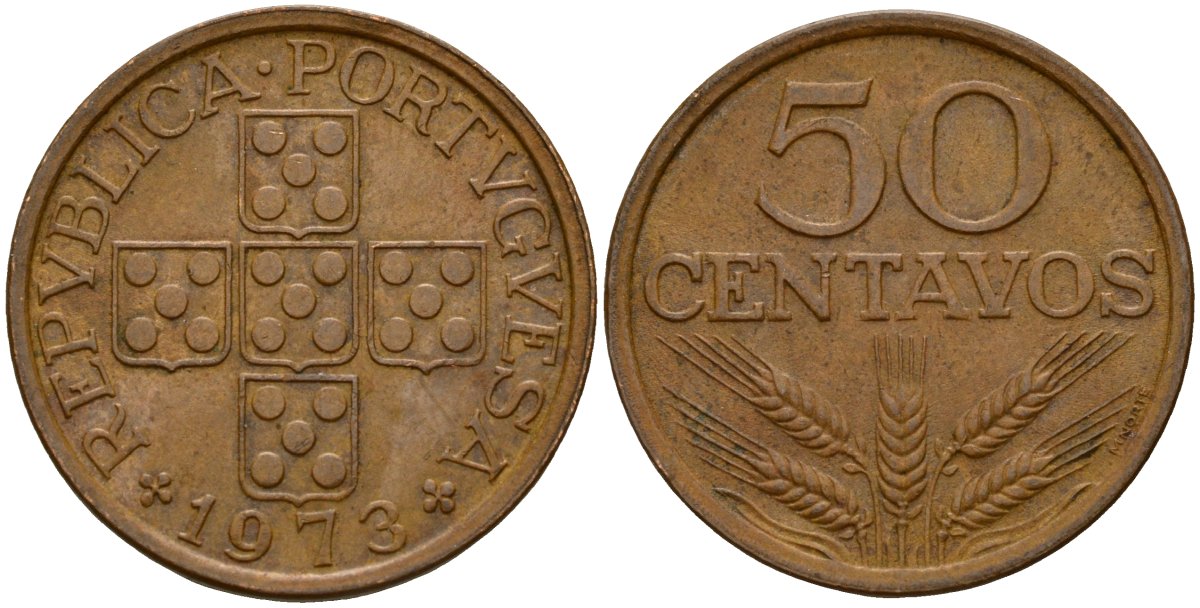 Португалия 50 сентаво 1973 KM 596 бронза 212-235