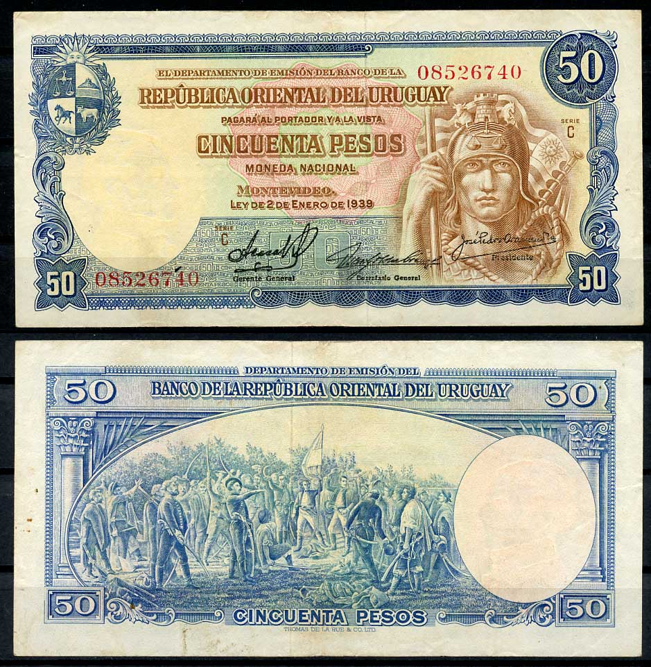 Уругвай 50 песо 1939 клятва 33 Ориенталес, серия C Pick 38 b (2)  бумага   7217-76-3-2