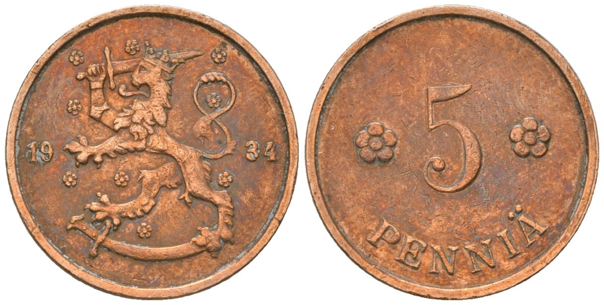 Финляндия 5 пенни 1934 KM 22 медь 4174-417