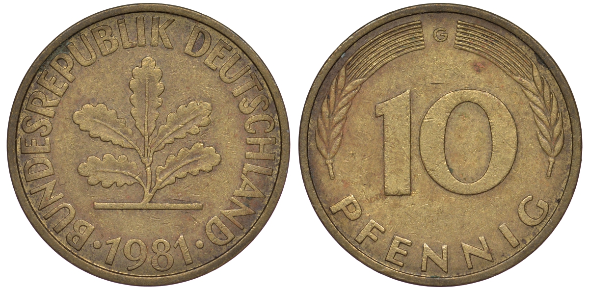 ФРГ 10 пфеннигов 1981 G KM 108, J 383 сталь плакированная латунью 25-1752