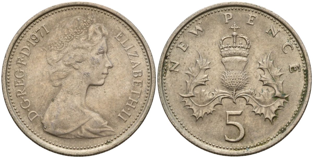 Великобритания 5 пенсов 1971 Елизавета II (1952-2022) KM 911, Spink 4233 (D1) медно-никель 4150-726