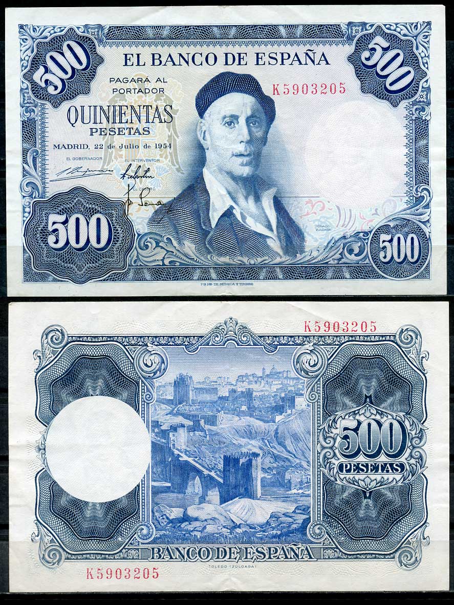 Испания 500 песет 1954 Игнасио Сулоага, вид Толедо Pick 148 а бумага 451-320-2