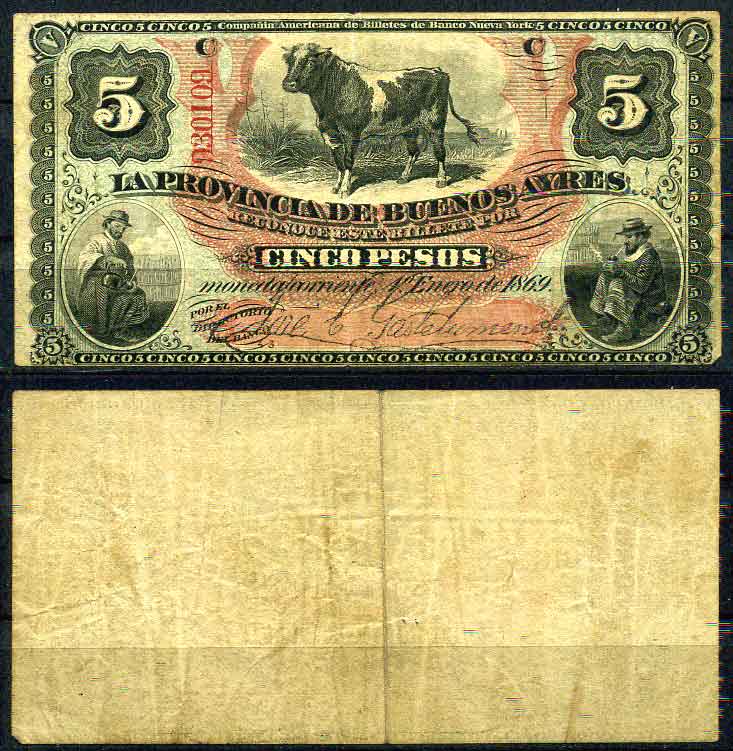 Аргентина 5 песо 1896 провинция Буэнос Айрес, корова Pick S483s  бумага  00-00