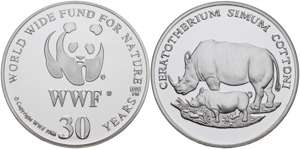 ЕВРОПА МЕДАЛЬ 1986 30 ЛЕТ WWF, НОСОРОГ, CERATOTHERIUM SIMUM COTTONI серебро PROOF 00-00