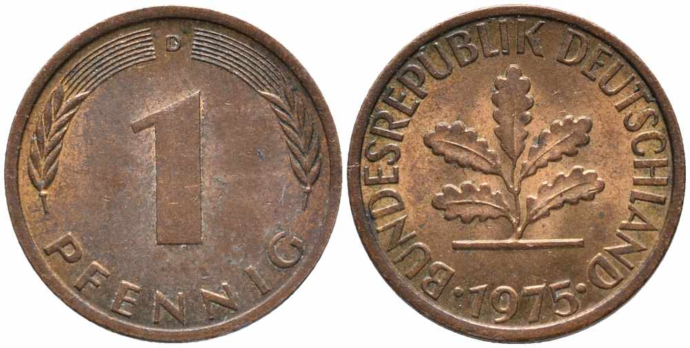 ФРГ 1 ПФЕННИГ 1975 D KM 105, J. 380 сталь плакированная медью 112-134