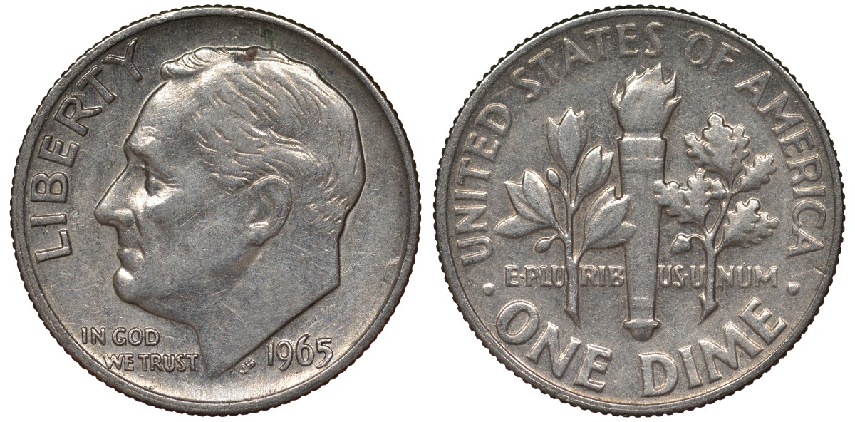 США 10 центов = дайм 1965 Рузвельт KM 195а медь плакированная медно-никелем 4124-433