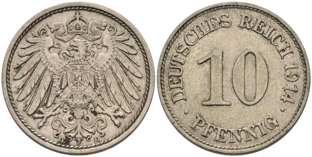 Германия 10 пфеннигов 1914 E KM 12, J. 13 медно-никель 4575-616