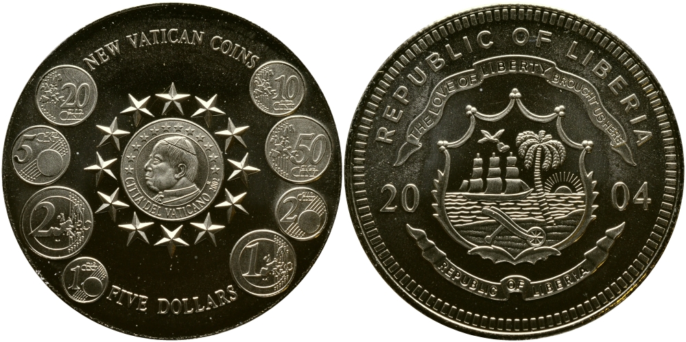 Либерия 5 долларов 2004 новые евромонеты Ватикана медно-никель UNC 06-225-12